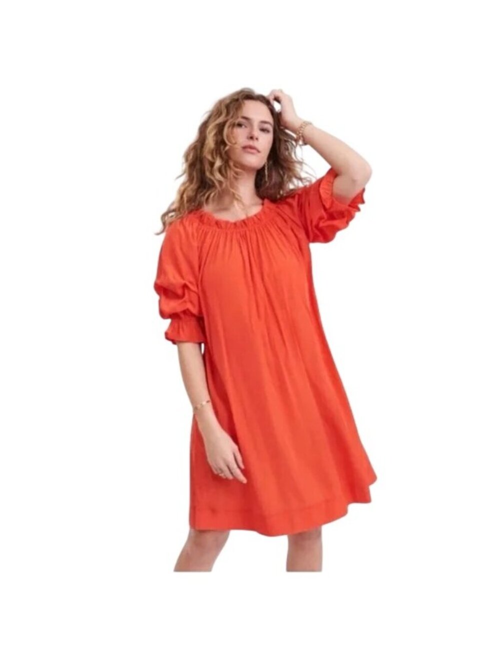 Mersea Tulum Scrunch Sleeves Knee Length Dress in Sunset Coral Orange Small